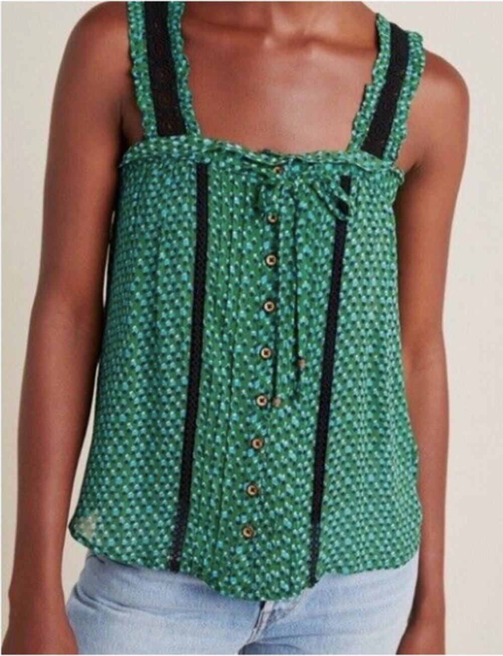 ANTHROPOLOGIE Green Bardot Ruffle Pattern Tank Blouse // 2